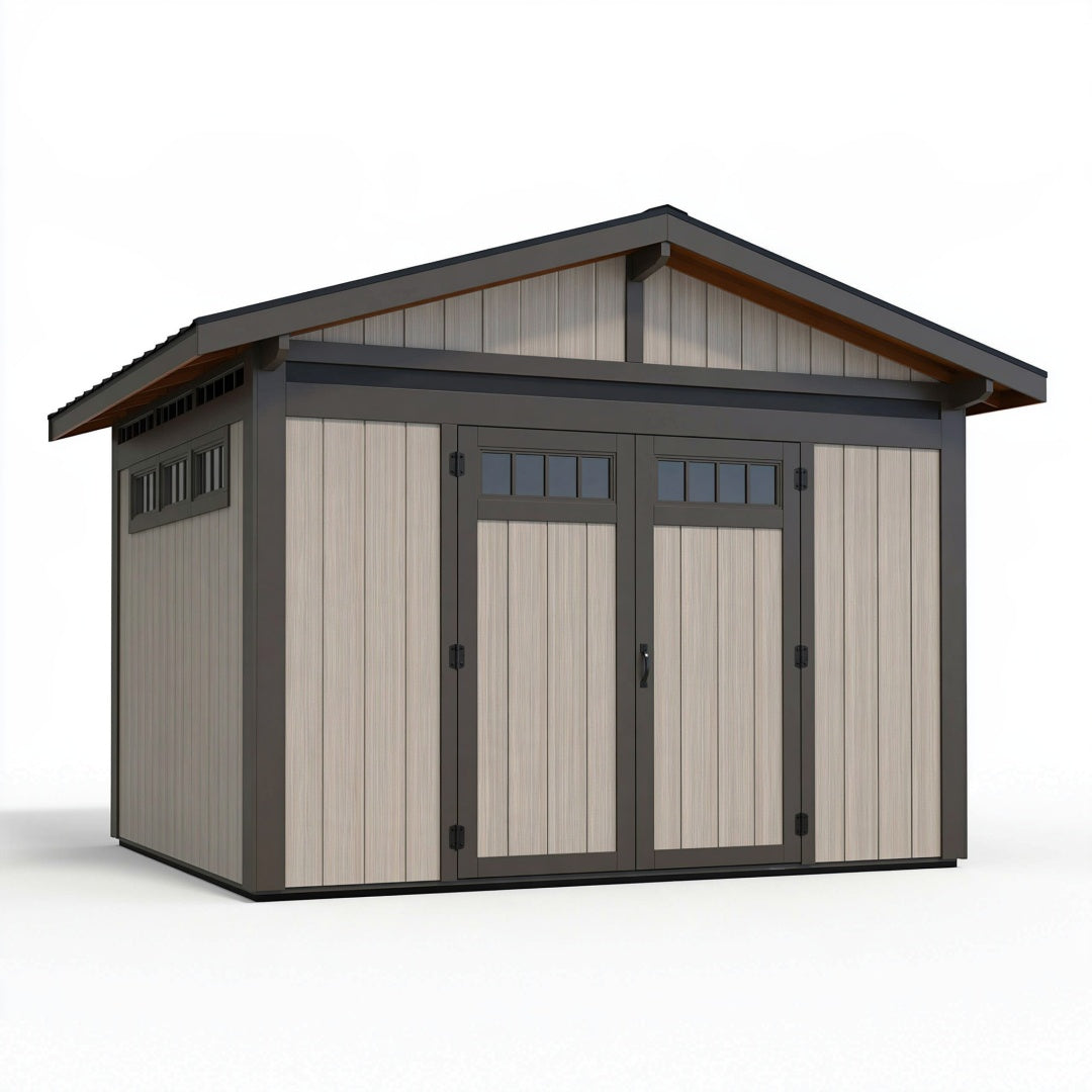 Casetta da giardino Parvireq in metallo e pannelli effetto legno grigio beige, con doppia porta, dimensioni 240x180x220 cm