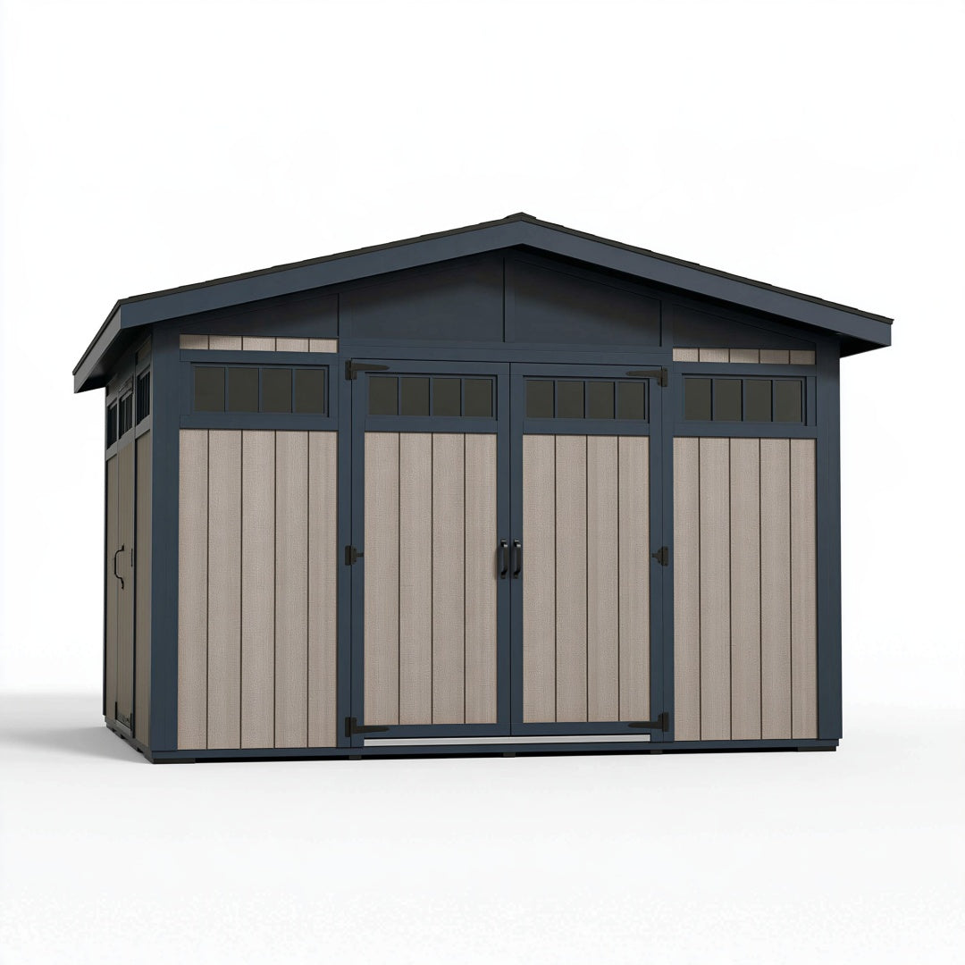 Casetta da giardino Parvireq in pannelli compositi grigio tortora e telaio antracite con doppie porte, dimensioni 300x200x220 cm