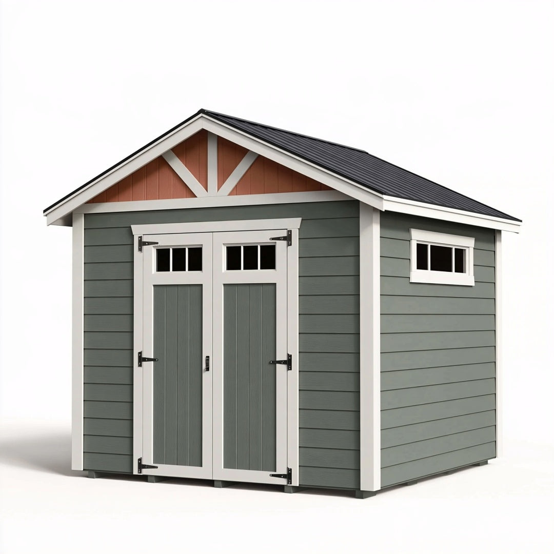 Casetta da giardino Parvireq in legno verde salvia, 220x180x210 cm, con doppia porta e tetto a falde.