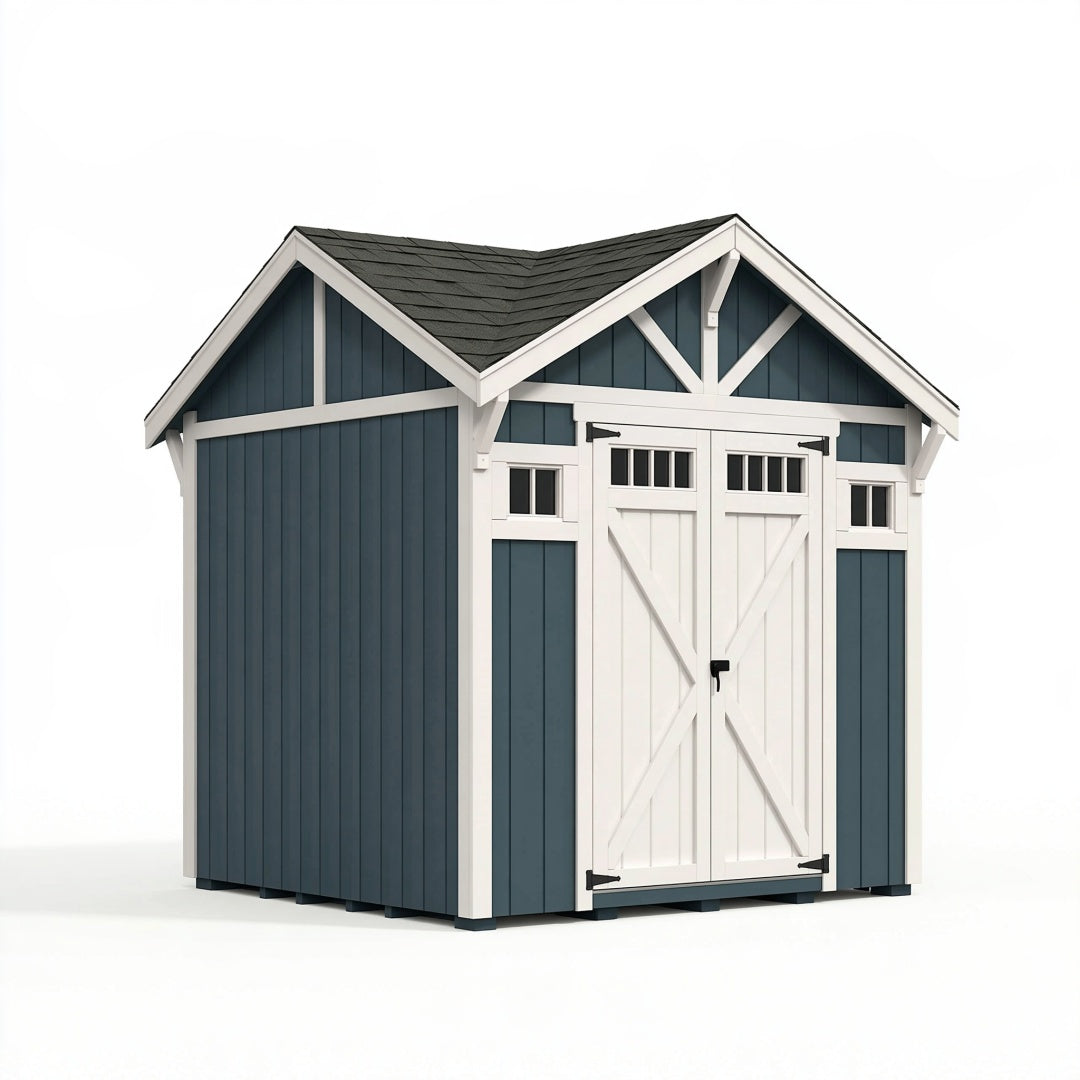 Casetta da giardino Parvireq in legno blu e bianco, con doppia porta e tetto inclinato, misura 200x150x220 cm.