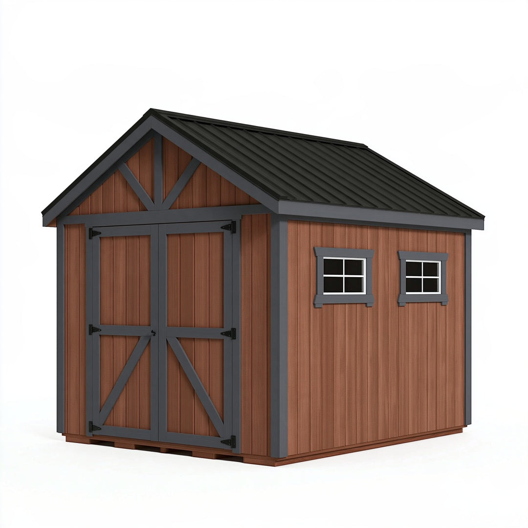 Casetta da giardino in legno marrone con tetto in metallo antracite, stile rustico, dimensioni 300x240x250 cm, marca Parvireq